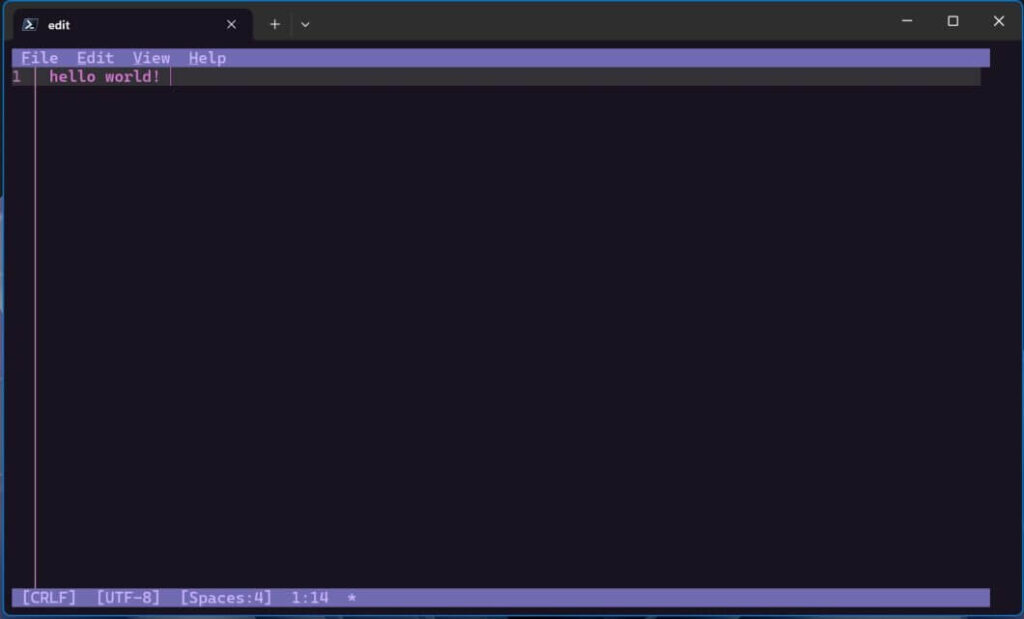 Microsoft Edit nativo no Windows 11: editor open source 3 Tela do Microsoft Edit exibindo Hello World no terminal do Windows