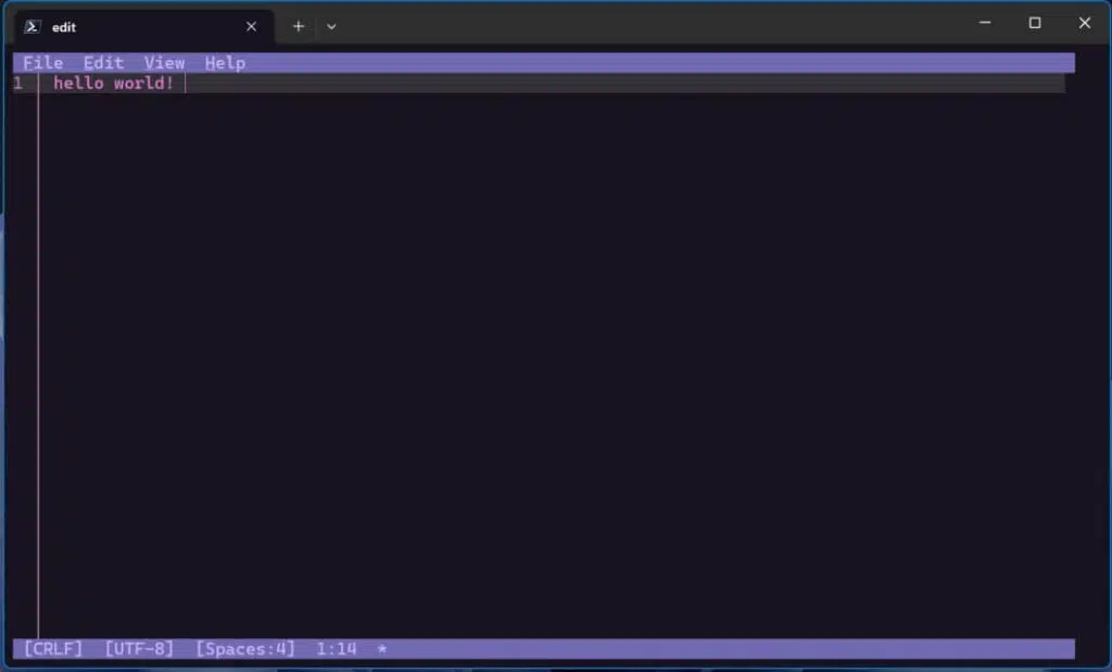 Microsoft Edit nativo no Windows 11: editor open source 3 Tela do Microsoft Edit exibindo Hello World no terminal do Windows