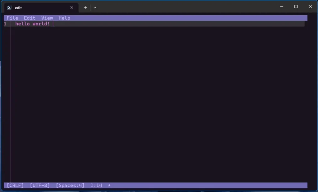 Microsoft Edit nativo no Windows 11: editor open source 3 Tela do Microsoft Edit exibindo Hello World no terminal do Windows