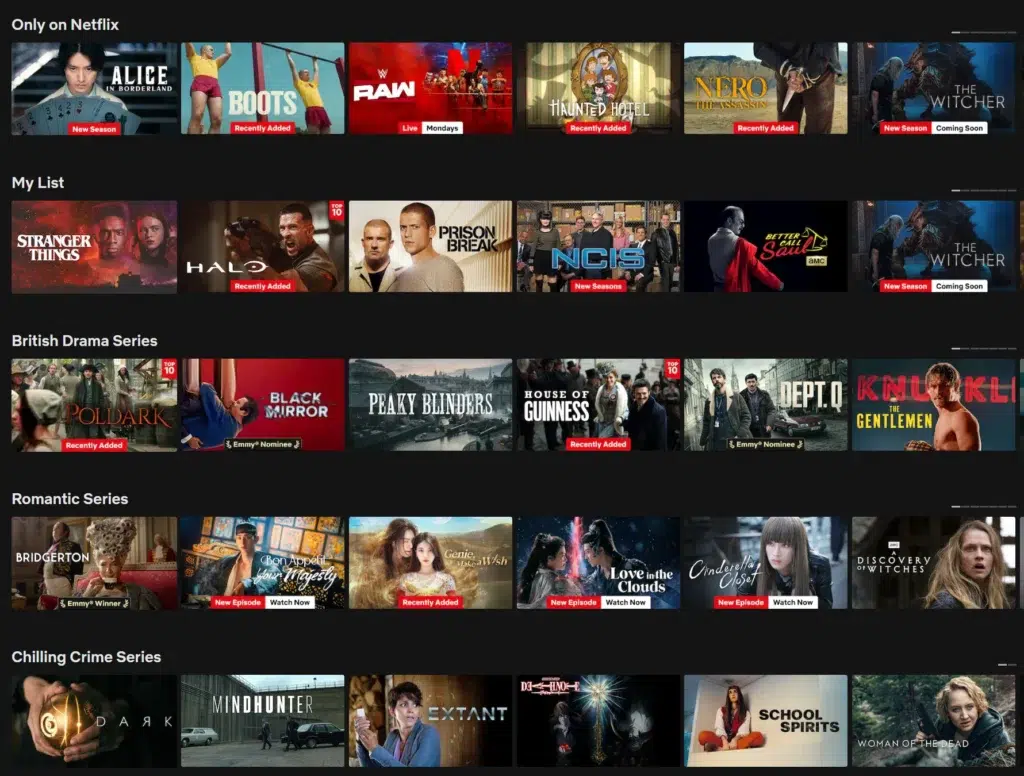 Home da Netflix com títulos sem rótulo Original; linhas e categorias com capas uniformes