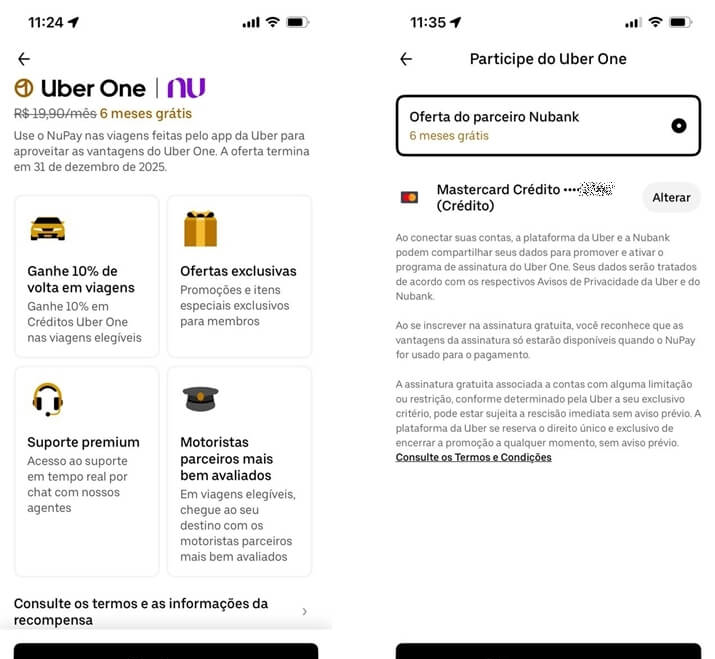 Nubank libera Uber One grátis por 6 meses via NuPay 3 Cartão roxo do Nubank ao lado do logotipo Uber One; promoção de 6 meses grátis via NuPay