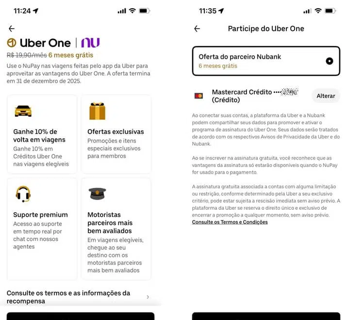 Nubank libera Uber One grátis por 6 meses via NuPay 3 Cartão roxo do Nubank ao lado do logotipo Uber One; promoção de 6 meses grátis via NuPay