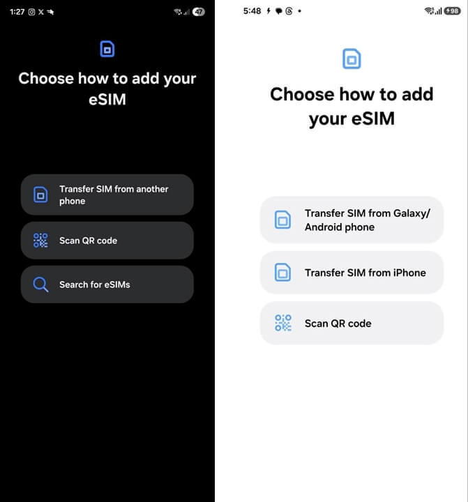 Galaxy terá função para importar eSIM do iPhone 3 eSIM no Galaxy: Captura da One UI 8.5 mostrando opção para importar eSIM de iPhone e Android em celulares Samsung Galaxy