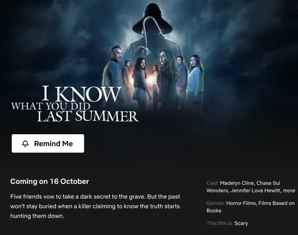 Eu Sei o que Vocês Fizeram no Verão Passado reboot na Netflix em 16/10 3 Calendário: estreia de Eu Sei o que Vocês Fizeram no Verão Passado na Netflix dos EUA em 16 de outubro de 2025