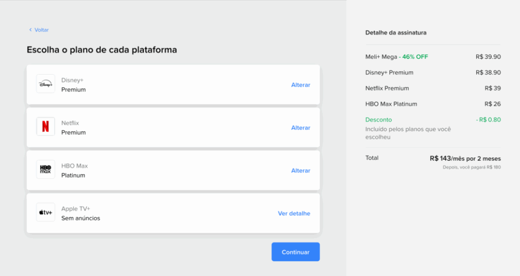 Meli+ Mega inclui Disney+, Netflix, HBO Max e Apple TV+ 4 Tela do Meli+ Mega exibindo composição do pacote com Disney+, Netflix, HBO Max e Apple TV+