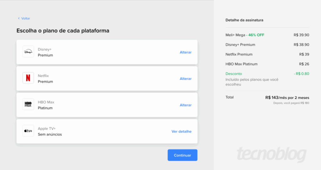 Tela do Meli+ Mega exibindo composição do pacote com Disney+, Netflix, HBO Max e Apple TV+