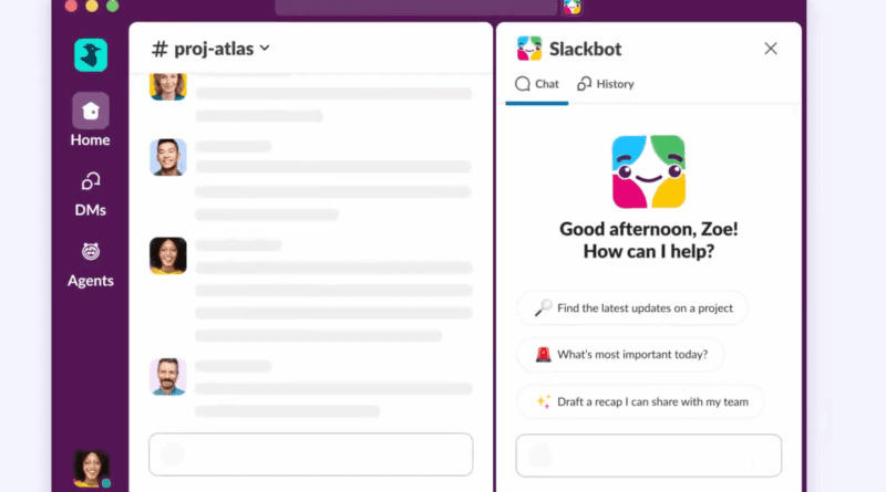 Slackbot assistente de IA no Slack com ícone ao lado da busca e painel lateral