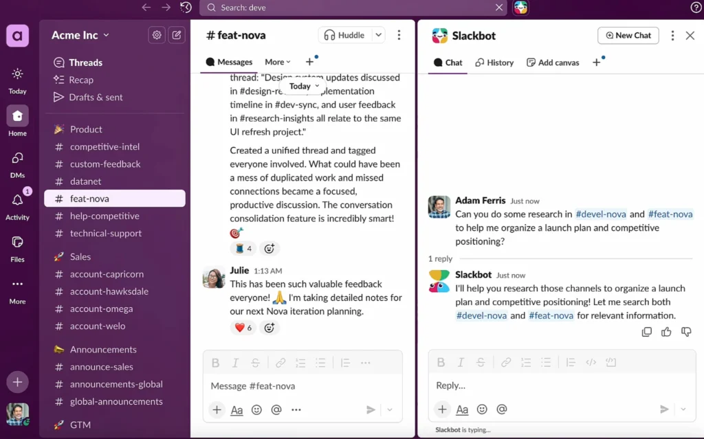 Interface do Slackbot com painel de tarefas e Canvas organizando plano de lançamento