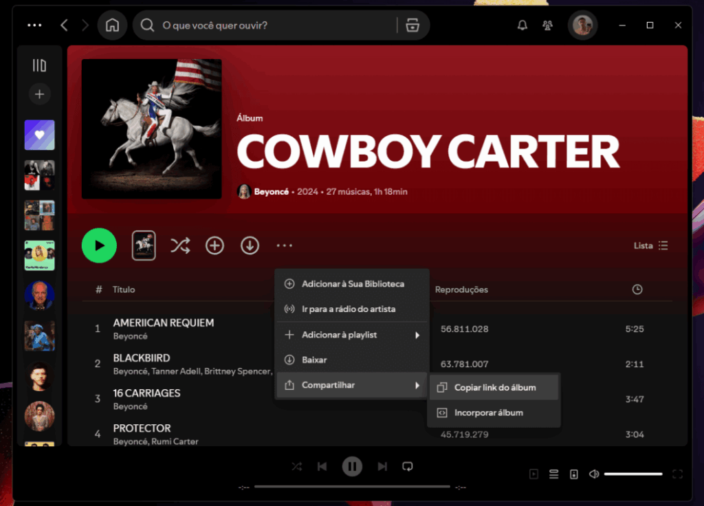 Como baixar músicas do Spotify em MP3 com qualidade 9 Aplicativo do Spotify aberto mostrando álbum; destaque para biblioteca organizada