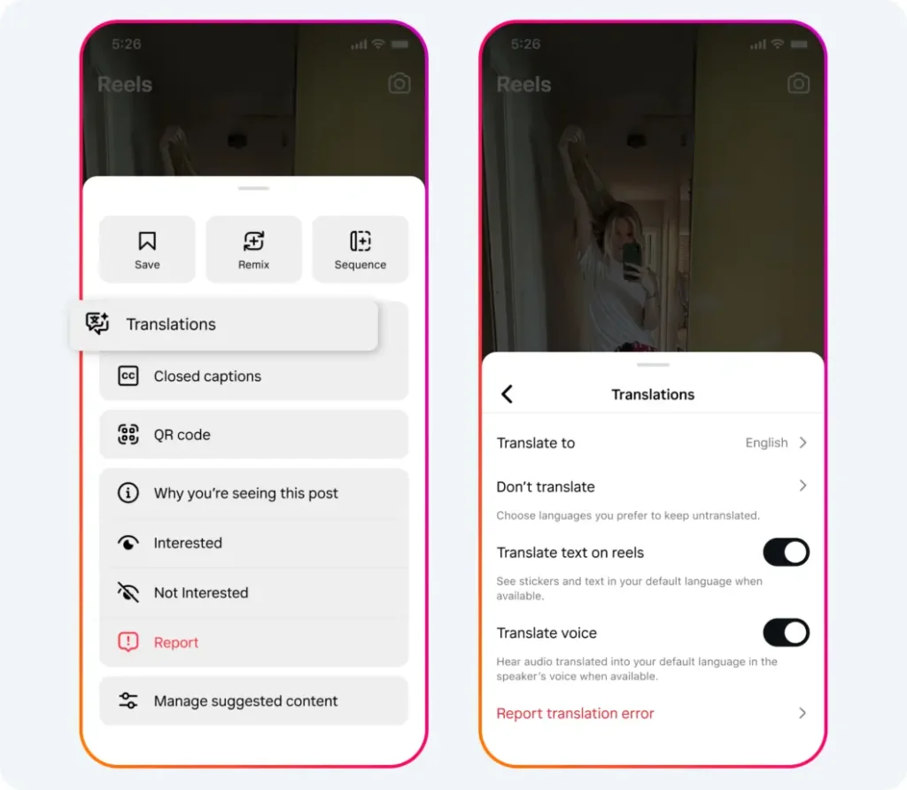 Instagram libera dublagem por IA e lip sync em português 3 Tela de configurações de idioma e traduções do Instagram com opção de dublagem por IA e sincronização labial