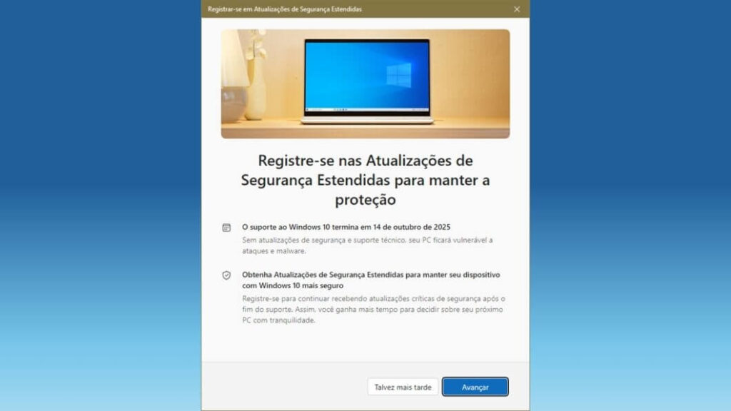 Fim do suporte ao Windows 10: o que muda agora 3 Assistente do ESU no Windows 10 exibindo opção de inscrição para atualizações de segurança estendidas
