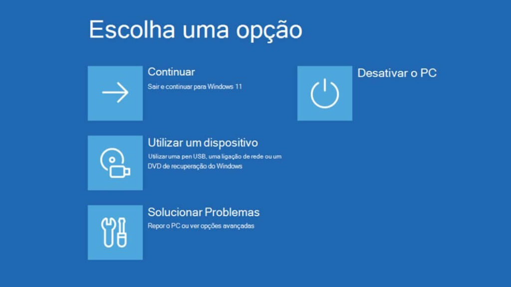 Windows 11: correção KB5070773 para falha no WinRE 3 Tela do Ambiente de Recuperação do Windows (WinRE) com opções de solução de problemas