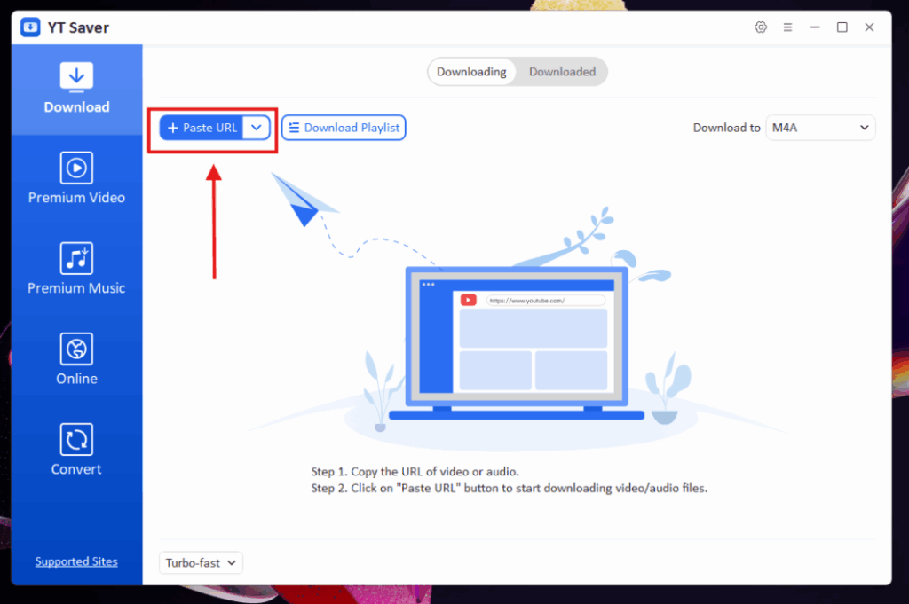 Como baixar músicas do Spotify em MP3 com qualidade 8 Tela principal do YT Saver no desktop; interface com opções de download e conversão