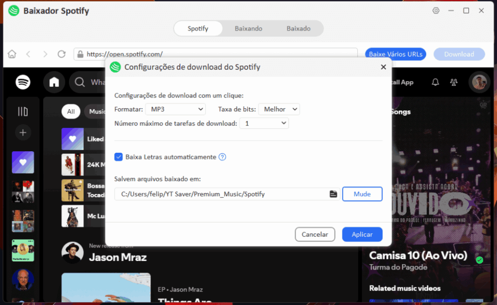 Como baixar músicas do Spotify em MP3 com qualidade 11 Janela de preferências do YT Saver com opções de formato e taxa de bits