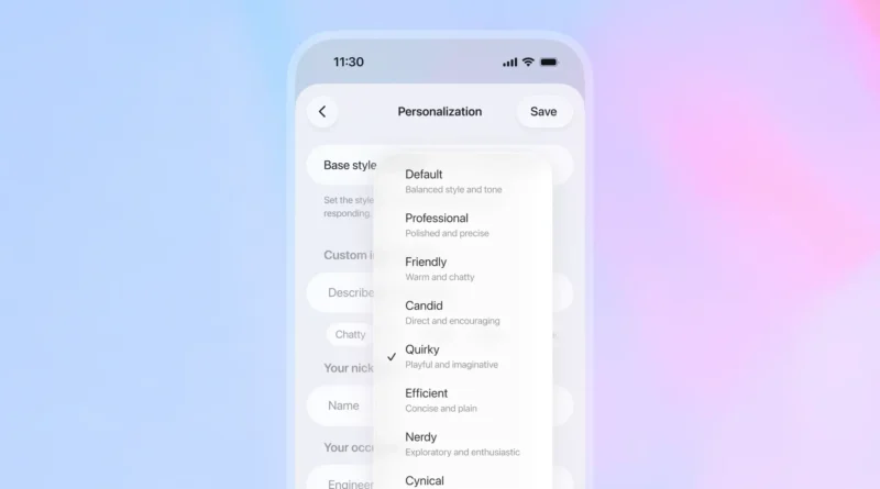 GPT-5.1 revoluciona o ChatGPT com mais empatia e inteligência 2 Interface móvel do GPT-5.1 mostrando novas opções de personalização de tom e estilo no ChatGPT