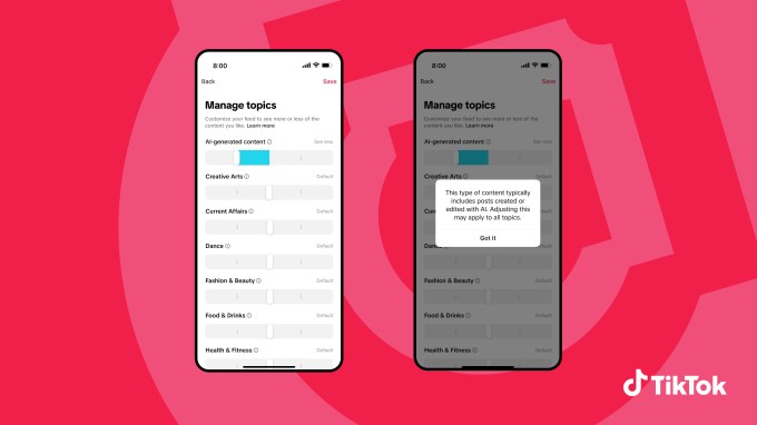 Interface de controle de IA no TikTok Manage Topics