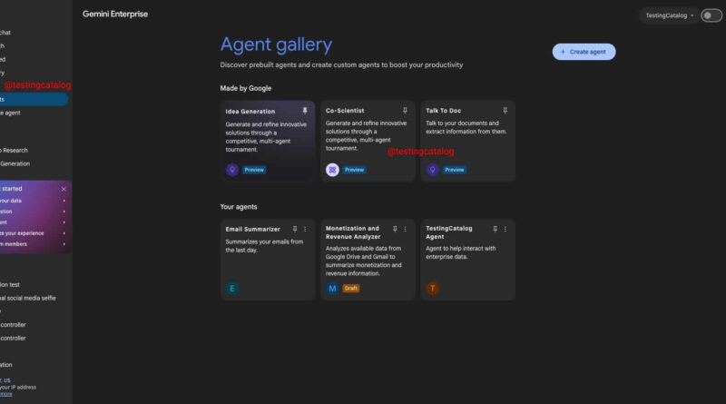 Google ativa automação de pesquisa no Gemini Enterprise 6 Interface do Gemini Enterprise com múltiplos agentes em execução