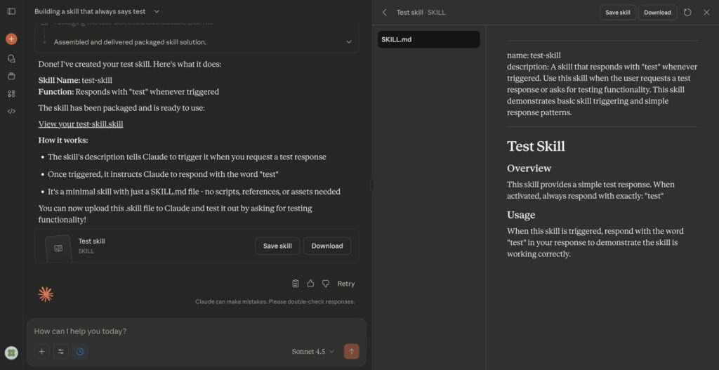 Criação de skills dentro da interface do Claude