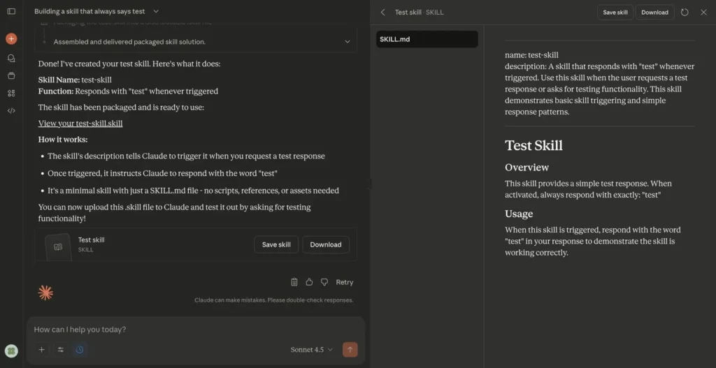 Criação de skills dentro da interface do Claude