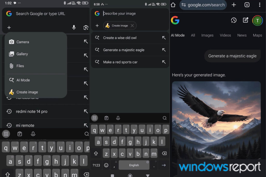 Captura de tela mostrando a função Criar Imagem na barra de endereços do Chrome Canary no Android