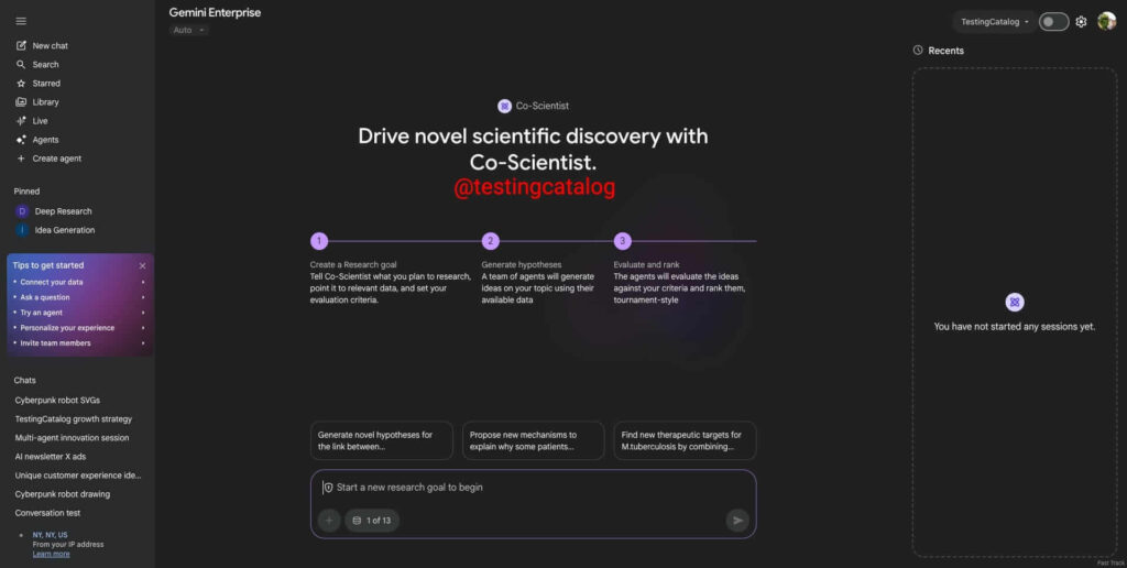 Google ativa automação de pesquisa no Gemini Enterprise 8 Interface do agente Co-scientist