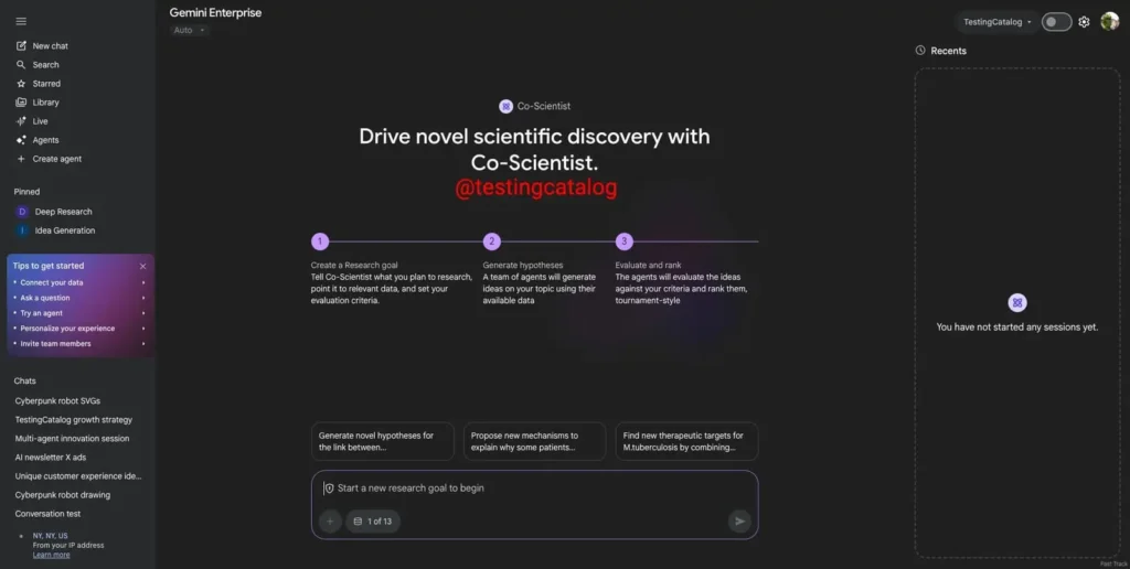 Interface do agente Co-scientist