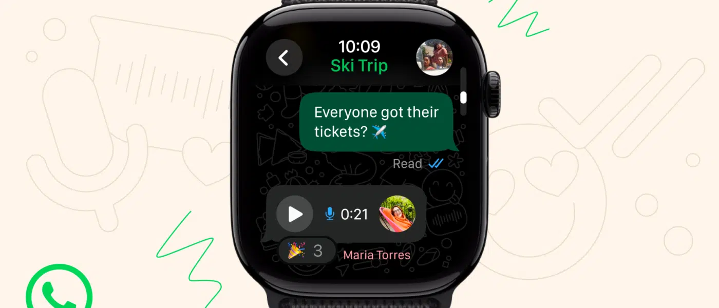 WhatsApp Apple Watch app interface com mensagens e notificações