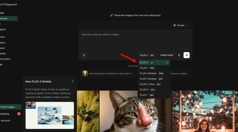 Interface do FLUX.2 mostrando geração de imagens com IA e renderização de texto avançada
