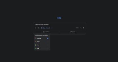 Interface do Google Gemini Deep Research com ícones do Gmail e Google Drive