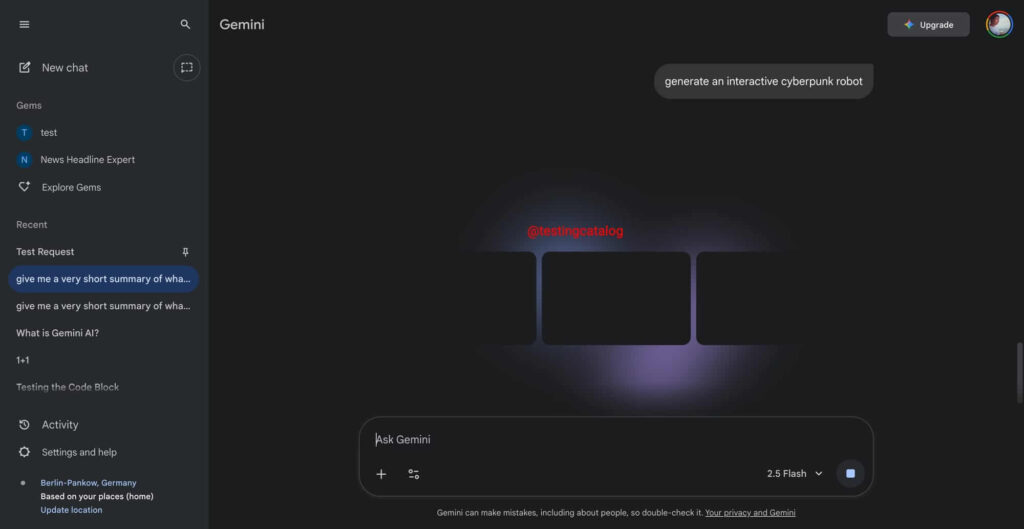 Demonstração do Creative Canvas renderizando uma experiência interativa dentro do Gemini