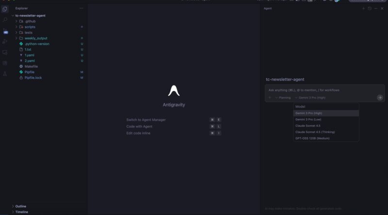 Interface do IDE Google Antigravity