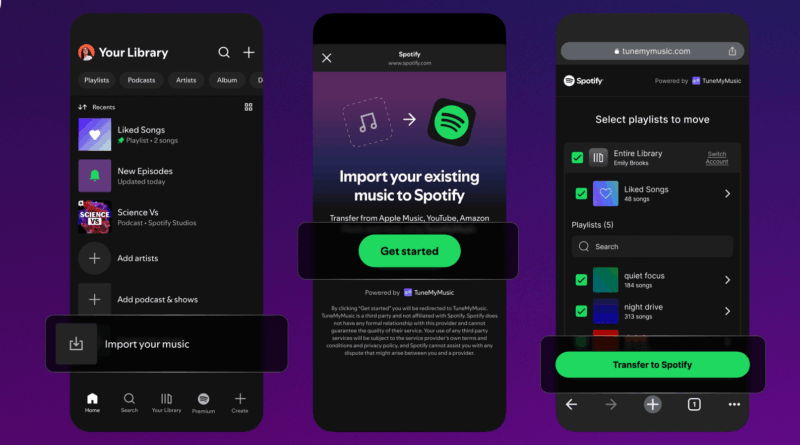 Spotify facilita importação: Tela mostrando o processo de transferência de playlists no Spotify via TuneMyMusic