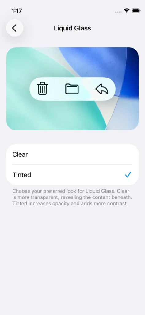 iOS 26.1 traz novo controle Liquid Glass e funções aprimoradas 4 Tela de configurações do iPhone com as novas opções de Liquid Glass no iOS 26.1