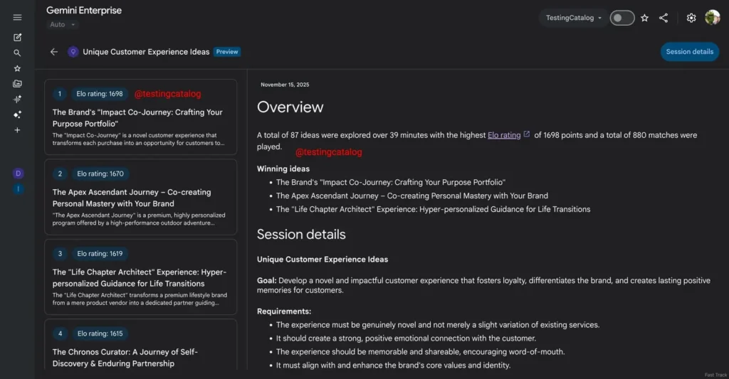 Processo de geração de ideias no Gemini Enterprise