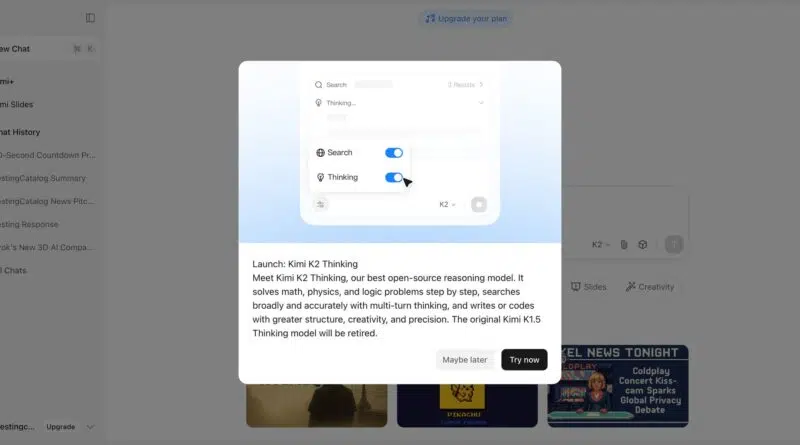 Moonshot AI lança Kimi K2 Thinking com 44,9% no HLE 2 Interface do Kimi K2 Thinking apresentada pela Moonshot AI