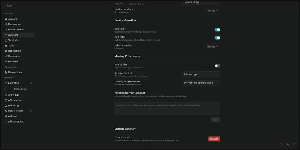 Print do painel de preferências do Perplexity Assistant