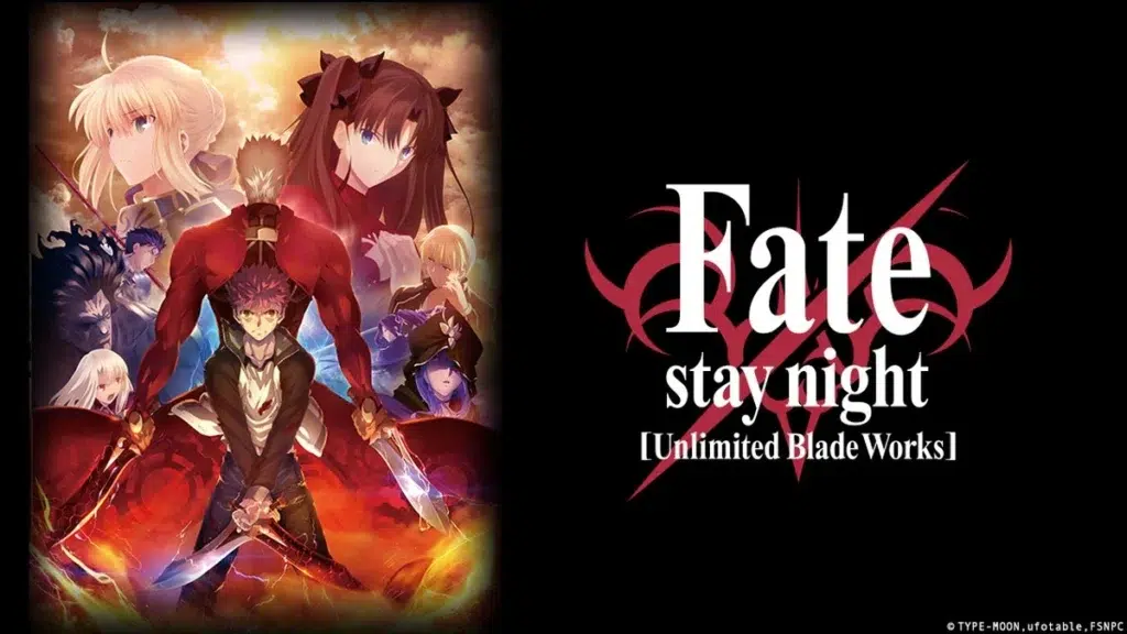 Imagem promocional do anime Fate/stay night com personagens em destaque