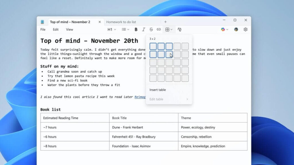 Criação de tabelas no Bloco de Notas do Windows 11