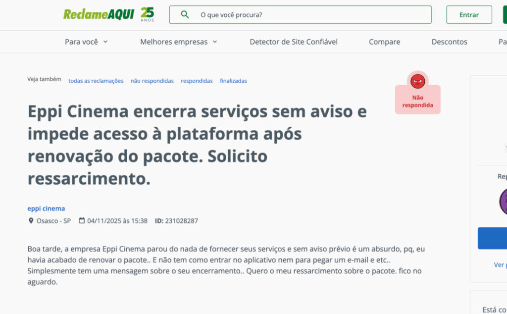 Usuário pedindo ressarcimento do Eppi Cinema
