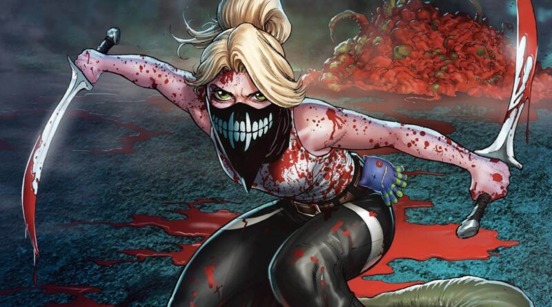 8 Séries de Terror Baseadas em Livros Que Você Precisa Ver 9 Séries de Terror Baseadas em Livros: Erica coberta de sangue segurando espadas em Something Is Killing The Children