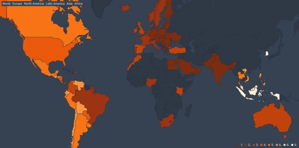 Mapa de calor mostrando os países onde The Witcher se saiu melhor na Netflix