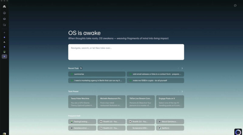 Interface do FlowithOS mostrando abas verticais e painel lateral com logs de agentes de IA