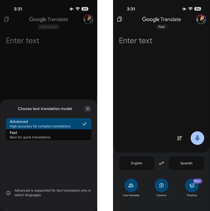 Capturas de tela mostram o Google Tradutor com opção de mudar entre modos rápido e avançado.