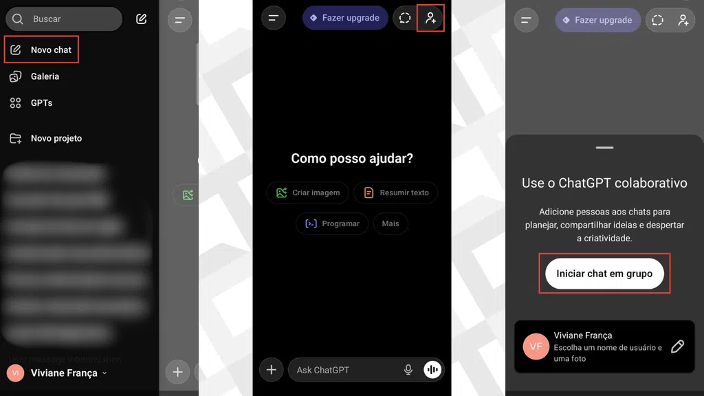 Como criar grupo no ChatGPT: Dá para criar conversas em grupo no ChatGPT para várias pessoas interagirem ao mesmo tempo com a IA. (Imagem: Captura de tela/Viviane França/Canaltech)