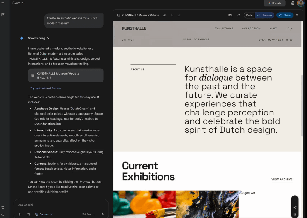 Interface do Gemini 3.0 em modo Canvas