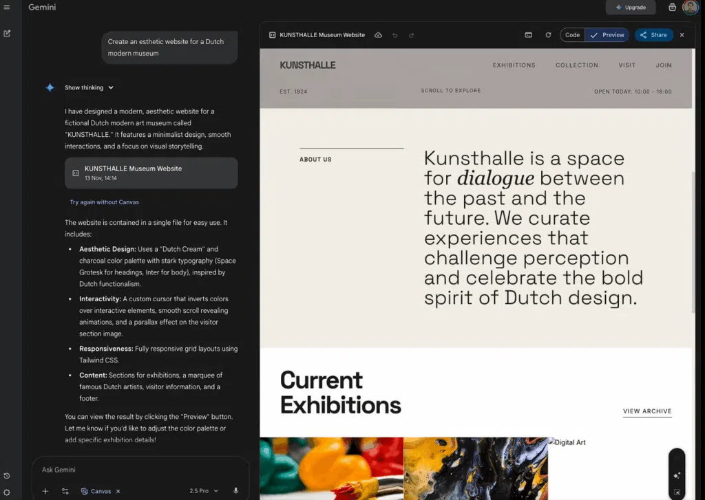 Interface do Gemini 3.0 em modo Canvas