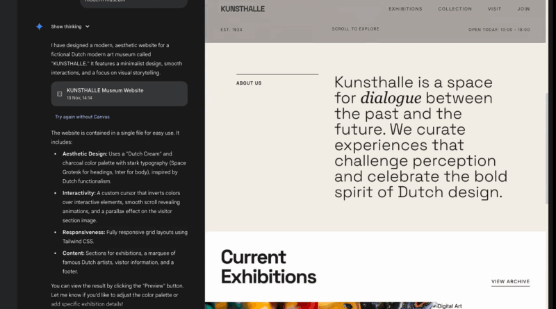 Interface do Gemini 3.0 em modo Canvas
