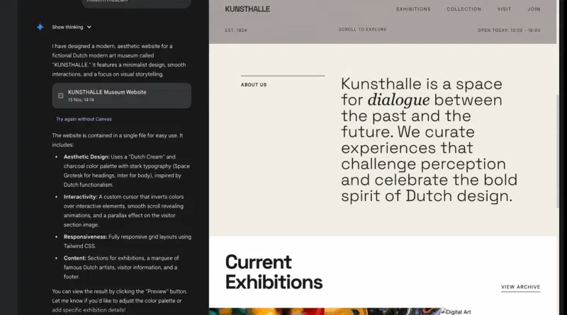 Interface do Gemini 3.0 em modo Canvas