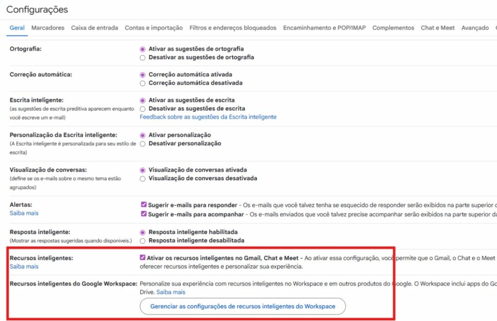 Configuração de recursos inteligentes do Gmail